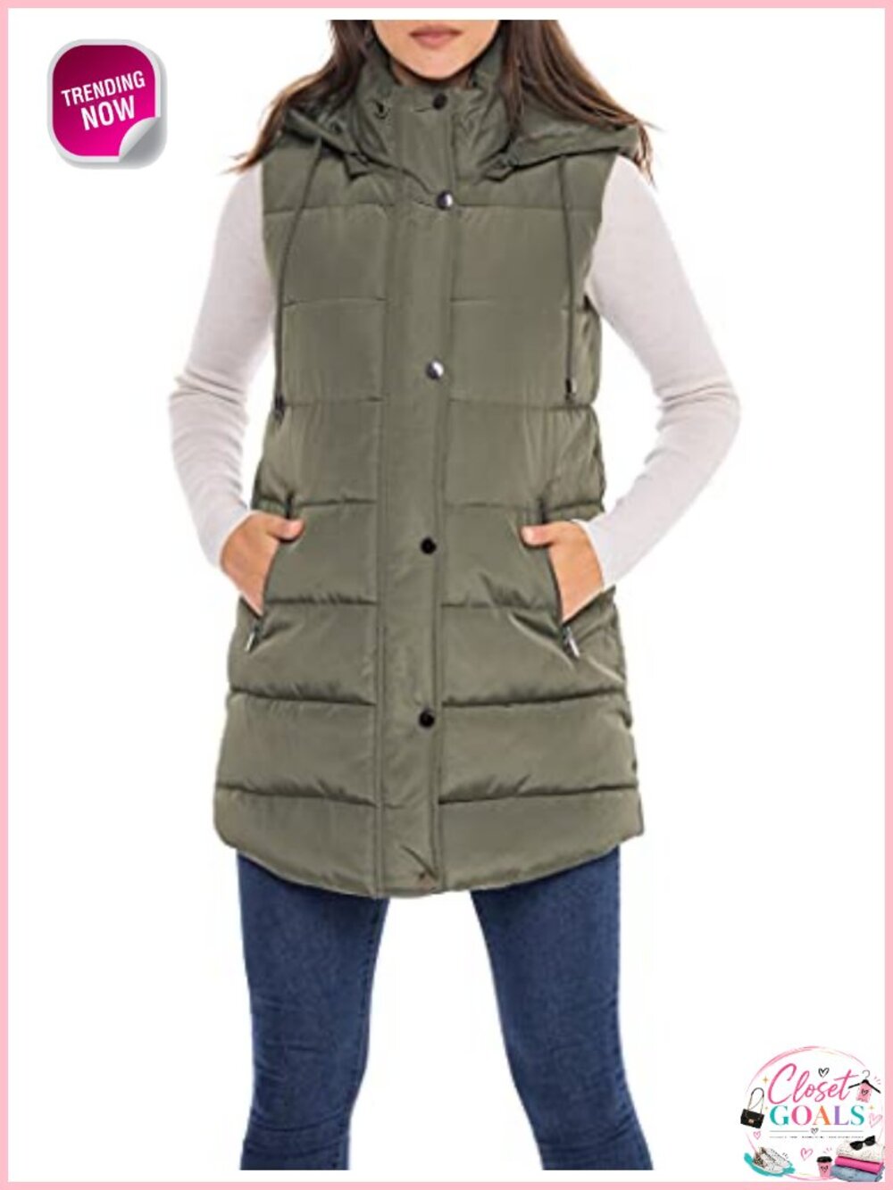 Long Quilted Puffer Vest with Hood Faux Down Filled Sleeveless